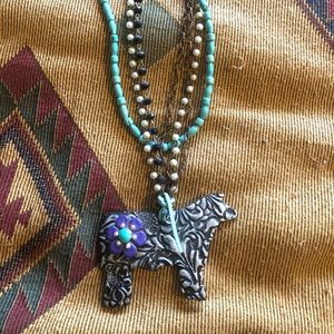 Tooled leather show steer necklace